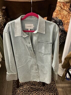 Frame Denim Light Wash Denim Jacket with Crystal Collar